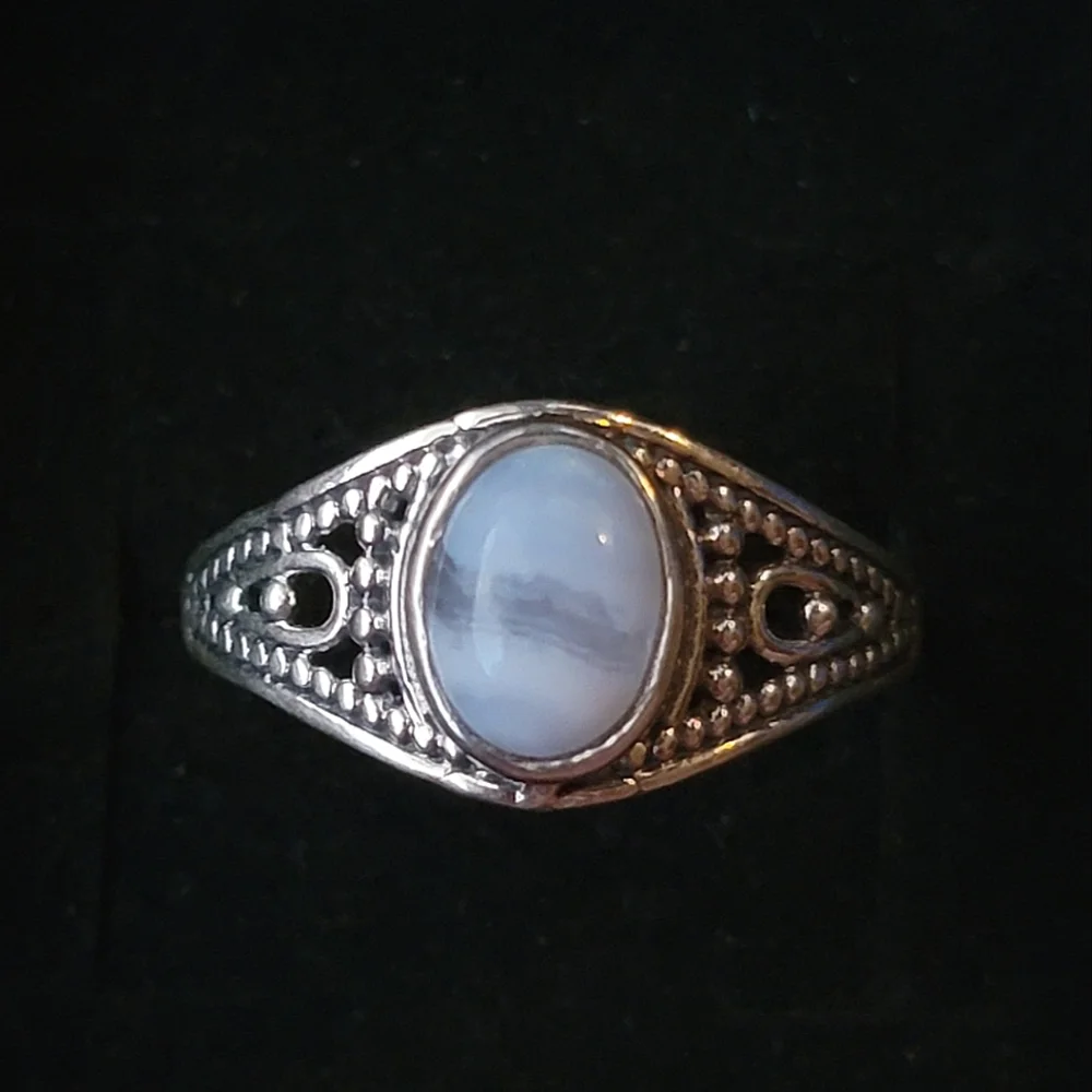 Blue Lace Agate Sterling Silver Class Ring Signed Size 9